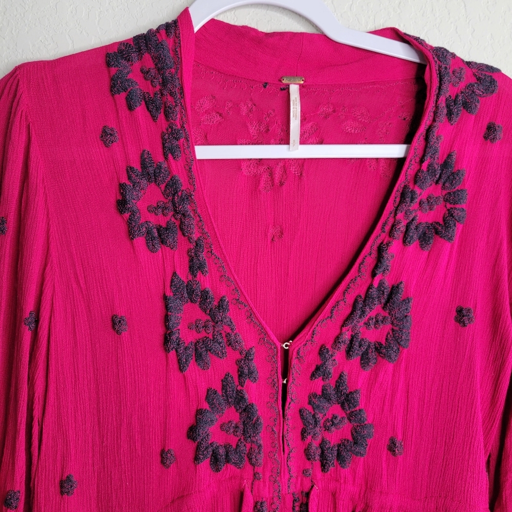 Free people embroidered boho maxi dress hot pink waist draw string size S - Picture 7 of 9